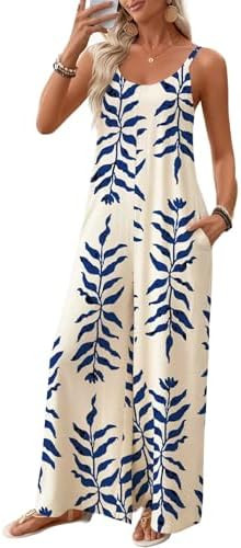 BLENCOT Women's Summer Jumpsuits Sleeveless Spaghetti Straps Boho Printed Wide Leg Pants Rompers ... | Amazon (US)