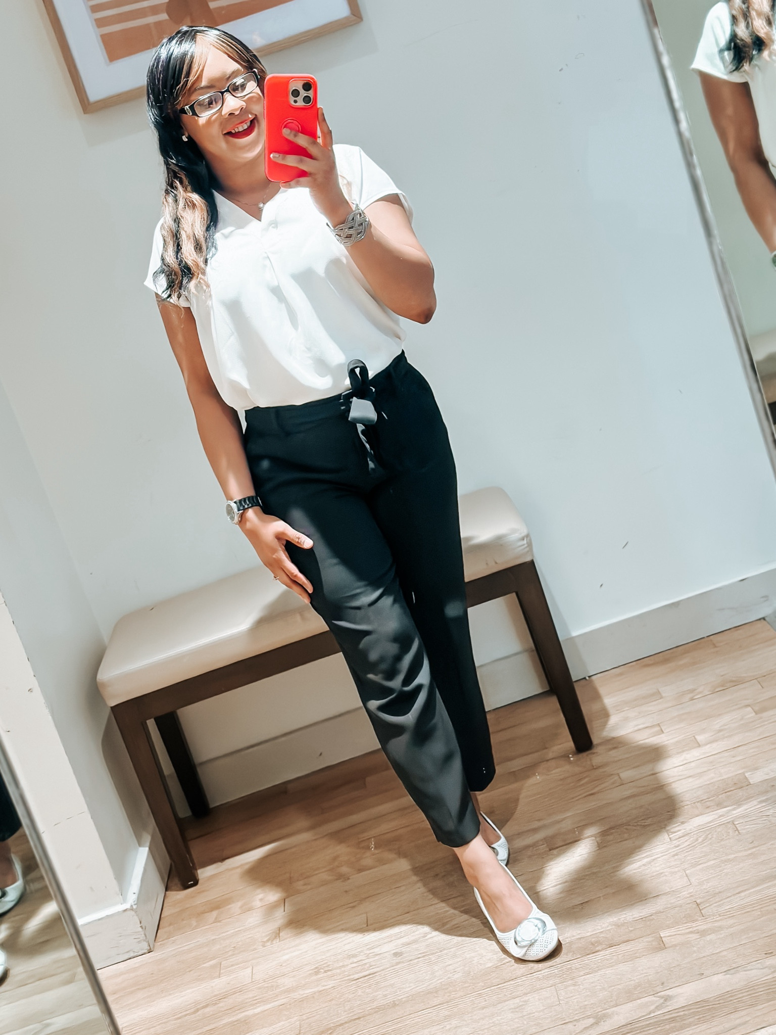 Cute outfit for work from Ann Taylor, short  sleeve blouse in petite, bottoms with tie in petite as well. 