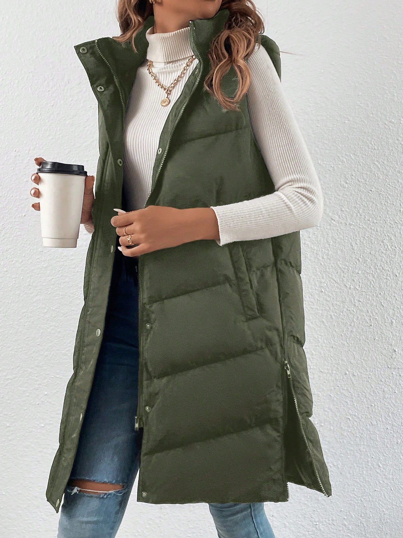 SHEIN Frenchy Zip Up Snap Button Hooded Vest Puffer Coat | SHEIN