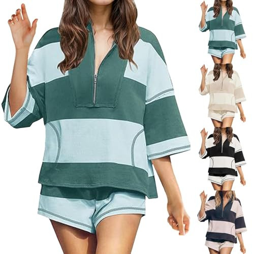 Short Sets for Women Summer Workout Athletes Striped Set 2 Piece Outfits Matching Clothing Dark Green Small | Amazon (US)