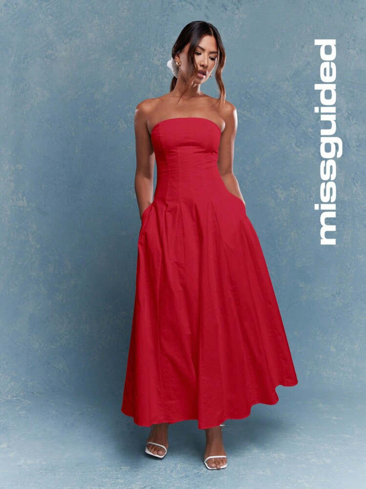 MISSGUIDED Corset Bust Pleated Strapless Bandeau Maxi Dress With Scrunchie Mother Day Outfit Cute Sundress | SHEIN