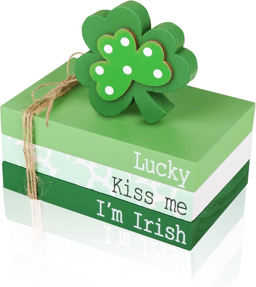 St Patricks Day Decorations Tiered Tray Decor 5pcs, Lucky Shamrock Wood Books Table Signs with LE... | Amazon (US)