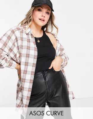 ASOS DESIGN Curve long sleeve checkered shirt in ivory and tan | ASOS (Global)