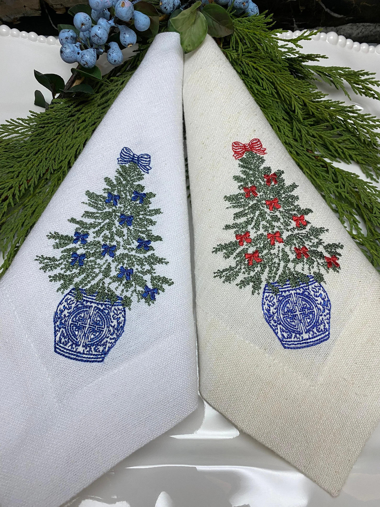 Embroidered Chinoiserie Christmas Tree Linen Napkins - Perfect Housewarming & Christmas Gift for ... | Etsy (US)