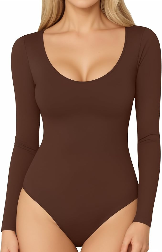 MANGOPOP Long Short Sleeve Bodysuits for Women Scoop Neck Ribbed Body Suit Stretchy Basic T Shirt... | Amazon (US)