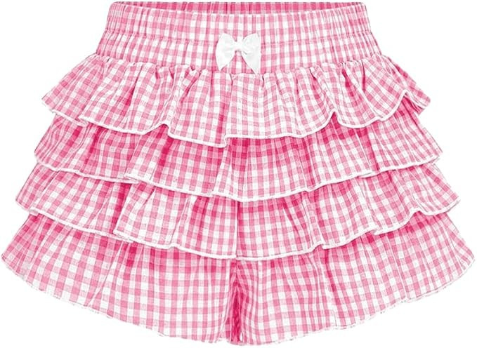 Womens Layered Ruffle Gingham Shorts with Bow, Cute Y2K Lolita Mini Bloomer | Elastic High Waiste... | Amazon (US)
