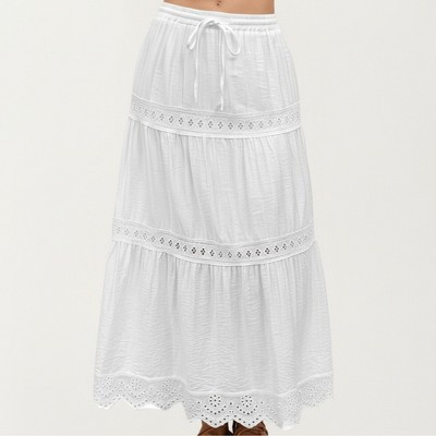 Anna-Kaci Tiered Eyelet Midi Skirt with Drawstring Waist and Lace Trim Detail - X Large, White | Target