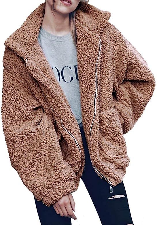 PRETTYGARDEN Women's Fashion Long Sleeve Lapel Zip Up Faux Shearling Shaggy Oversized Coat Jacket Fo | Amazon (US)