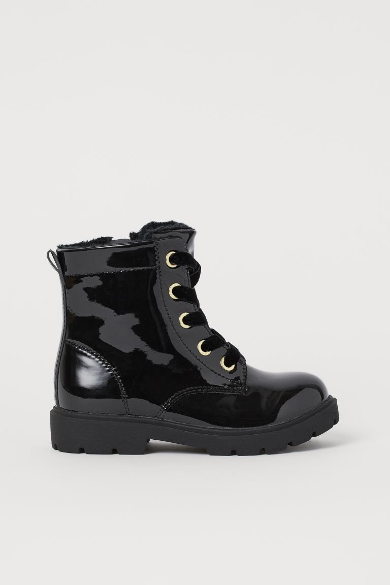 Ankle boots in faux patent leather. Lacing at front, zipper at one side, and loop at back. Fabric... | H&M (US)