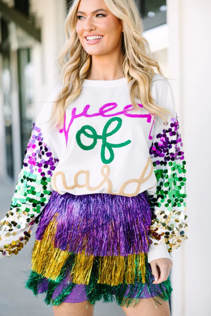Queen Of Mardi Gras White Graphic Top | The Mint Julep Boutique