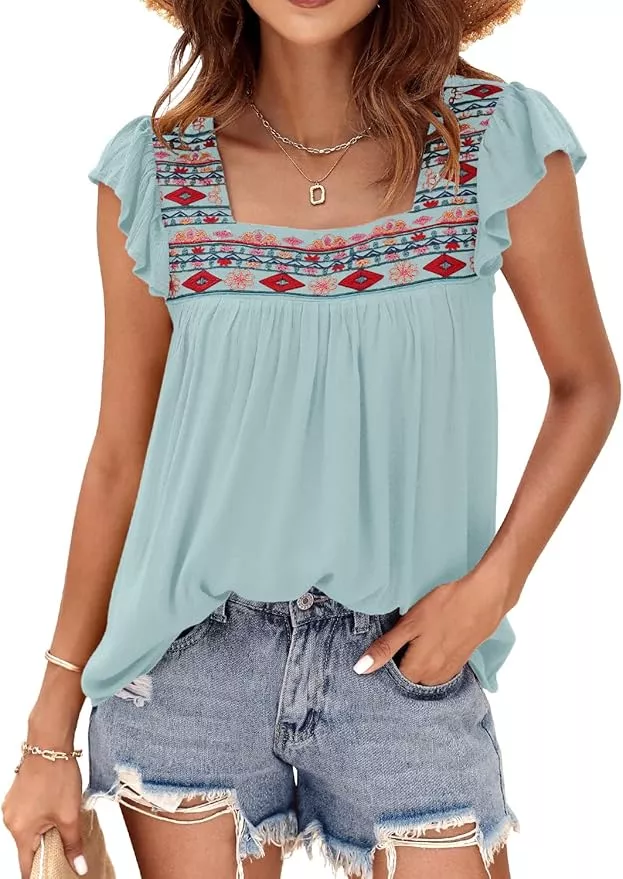 Lucky Brand, Tops, Lucky Brand Boho Embroidered Square Neck Short Flutter  Sleeves Top