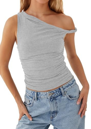 MISSACTIVER Women’s Off Shoulder Ruched Crop Tank Tops One Shoulder Twist Strap Crop Tops Summer Going Out Top Crop Shirts Grey | Amazon (US)