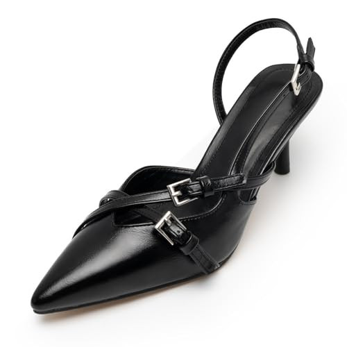 KaroNairy Kitten Heels for Women Pointed Toe Slingback Heels Closed Toe Low Heel Wedding Dress Pumps with Buckles Black7 | Amazon (US)