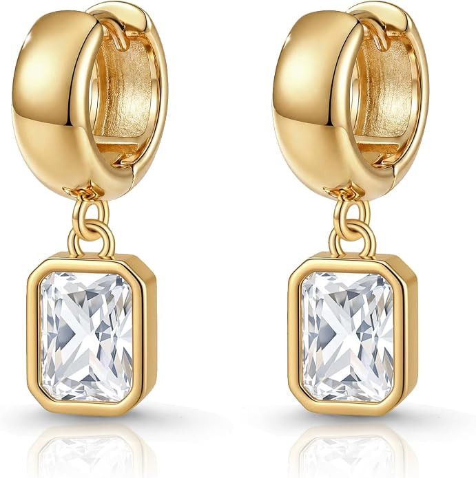 Gold Chunky Dangle Earrings for Women, Bezel Set Cubic Zirconia Charm | Amazon (US)