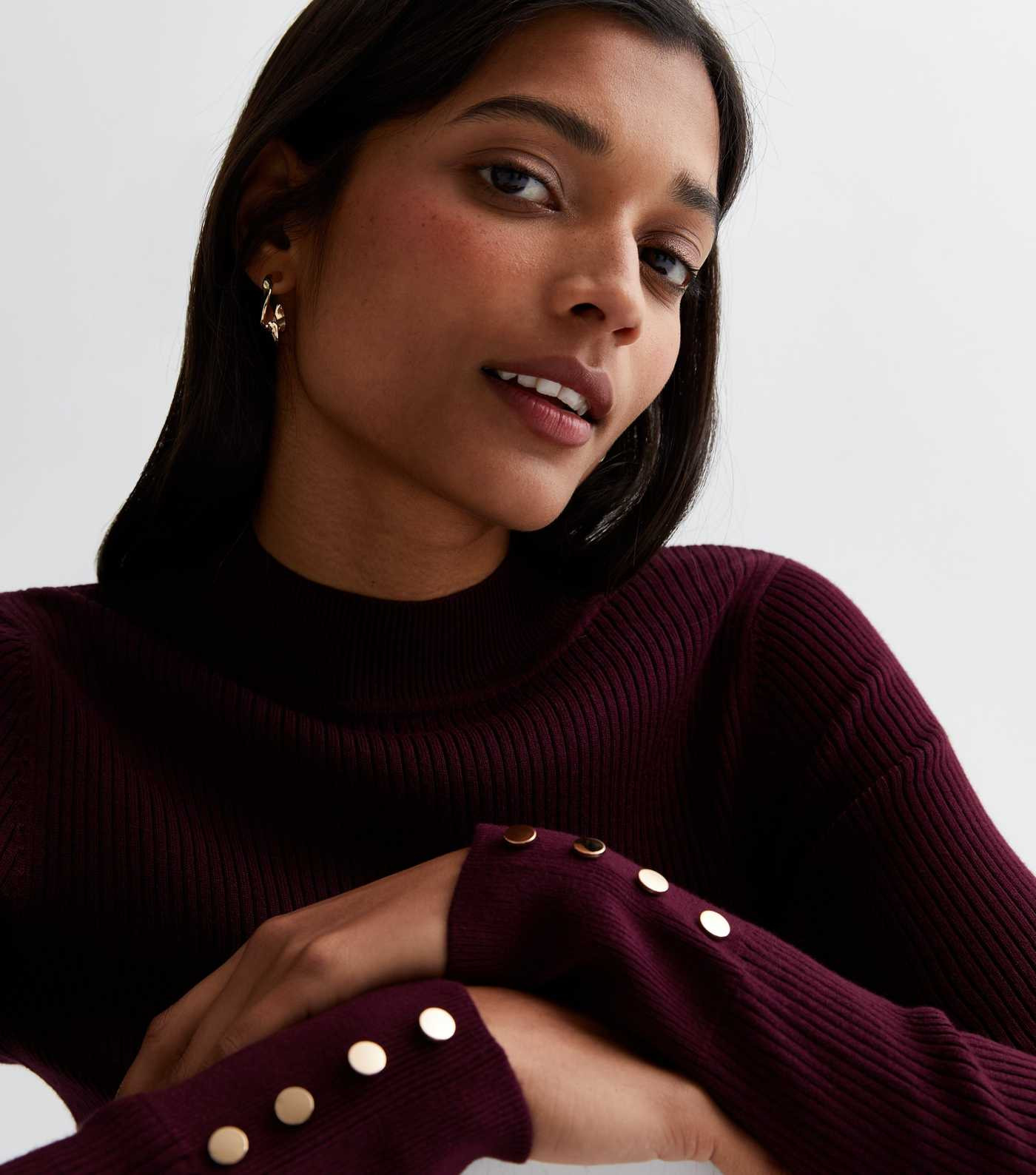 Burgundy Ribbed Knit Button Cuff Jumper | New Look | New Look (UK)