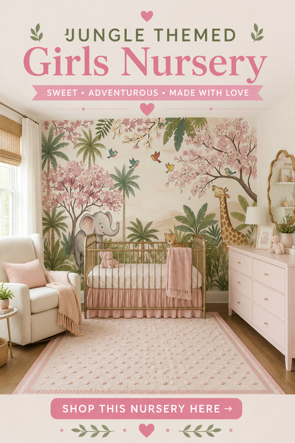 Create the sweetest jungle themed girls nursery with whimsical safari wallpaper, a beautiful gold crib, blush pink dress