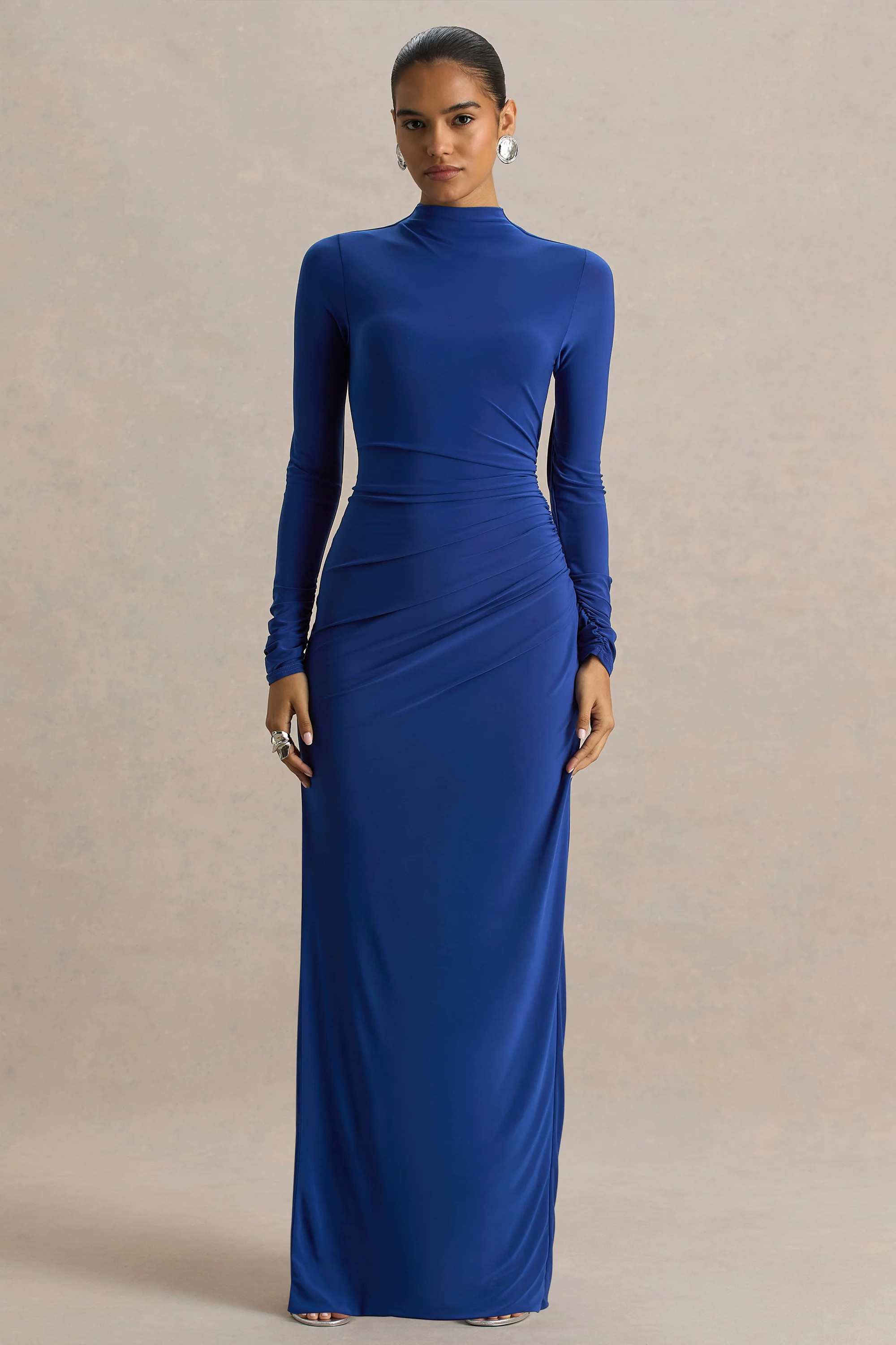 Alluring  Blue High Neck Maxi Dress With Ruched Detailing | Club L London