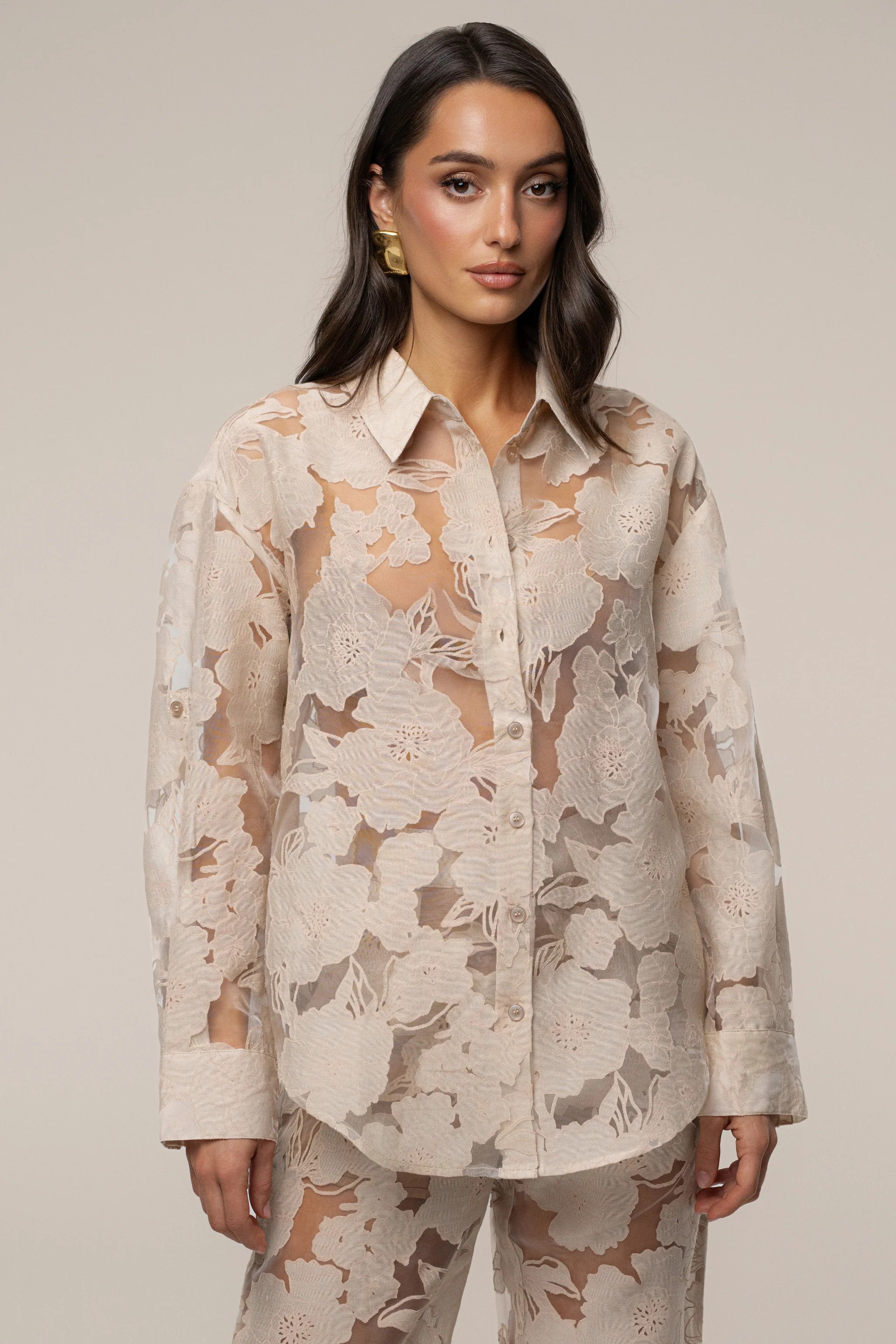 Beige Organza Floral Blouse | JLUXLABEL