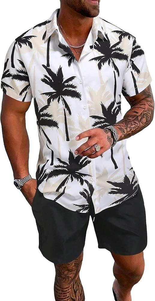 SOLY HUX Men's 2 Piece Outfits Tropical Print Short Sleeve Button Down Hawaiian Shirt and Shorts ... | Amazon (US)