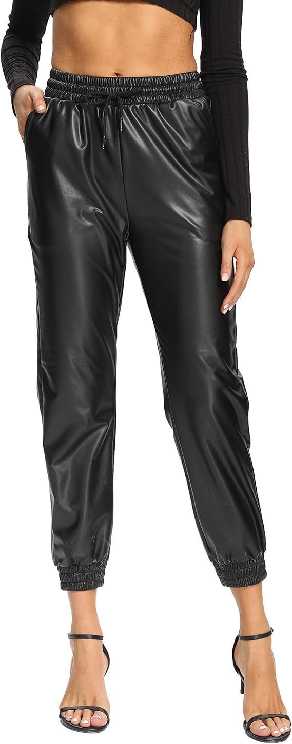 V VOCNI Faux Leather Jogger Pants High Waisted Thick Tummy Control Slimming Stretchy Black Leggin... | Amazon (US)