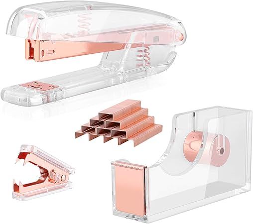 ALSISK Desk Accessory Kit,Acrylic Stapler Set, Tape Dispenser, Staple Remover with 1000pcs 26/6 S... | Amazon (US)