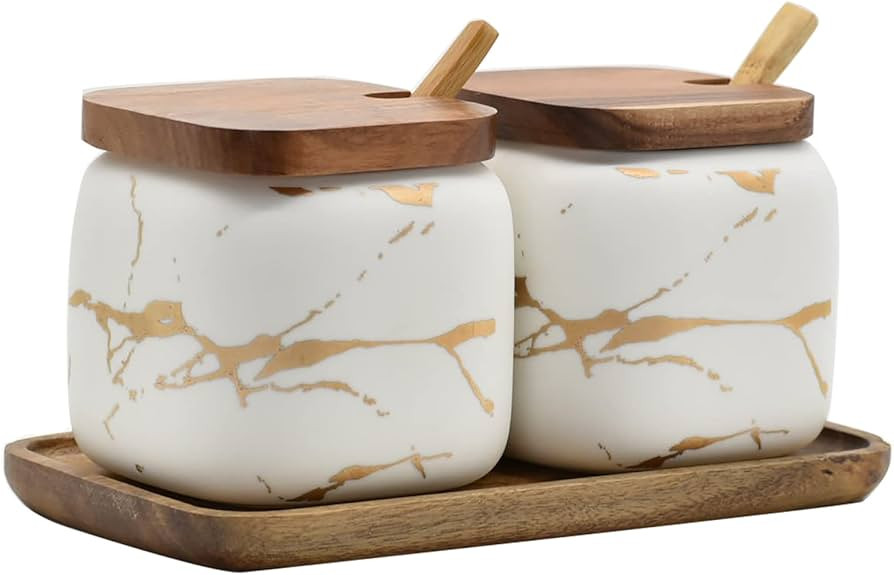KIDYBELL 2 Sets of Marble Ceramic Seasoning Jars Ceramic Sugar Bowl with Lids，Tray and Spoons (... | Amazon (US)