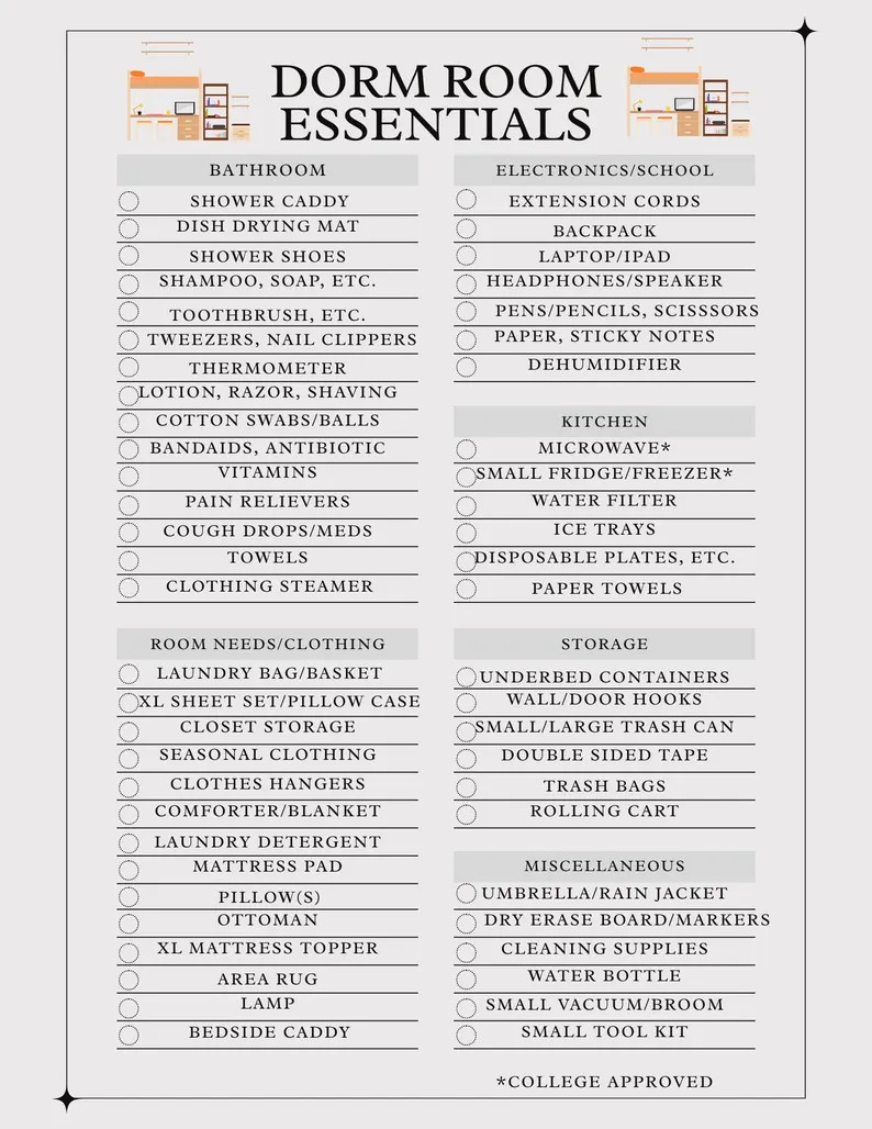 Dorm Room Essentials Checklist, Printable College Packing List, Back to School Dorm Must-haves fo... | Etsy (US)