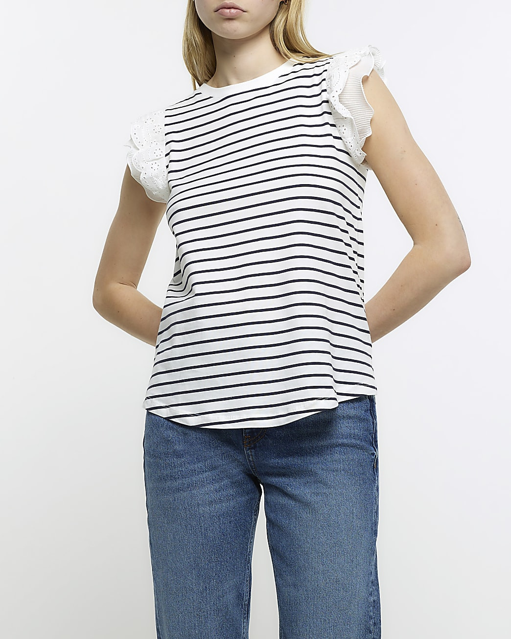 White striped broderie frill sleeve top | River Island (UK & IE)