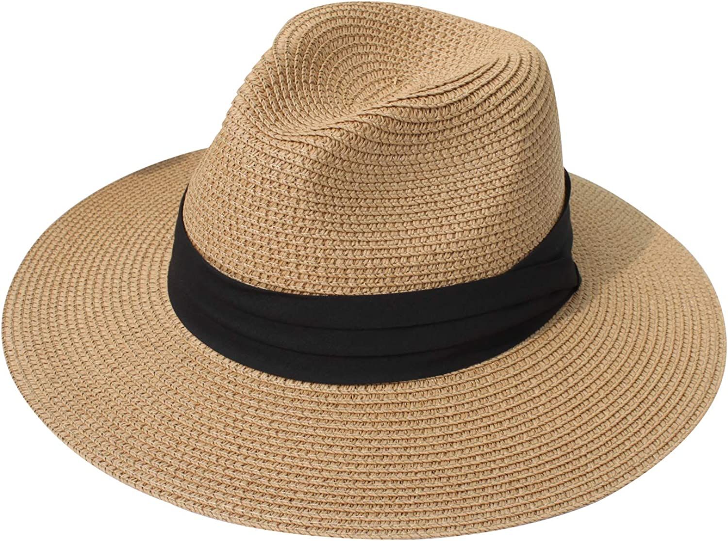 DRESHOW Women Straw Panama Hat Fedora Beach Sun Hat Wide Brim Straw Roll up Hat UPF 50+ | Amazon (US)