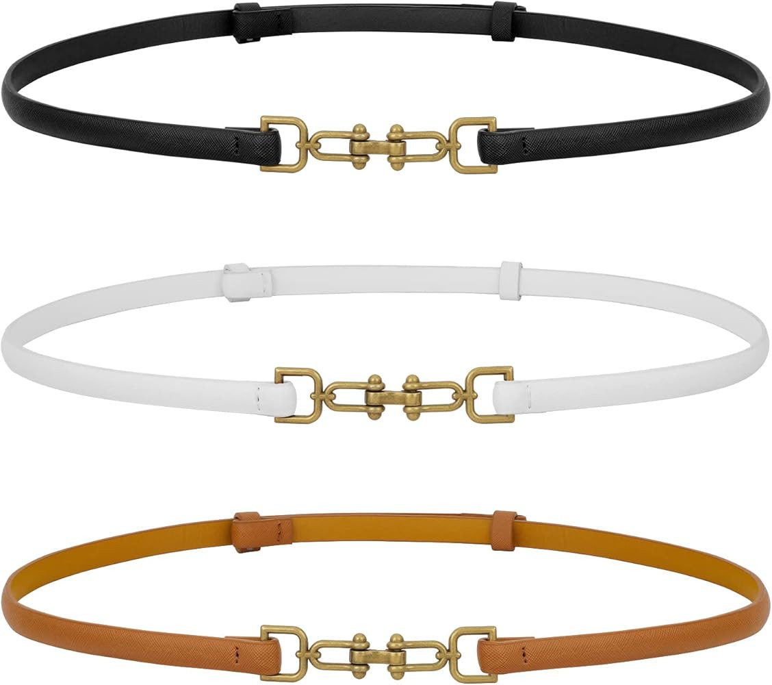 2 Pack Leather Skinny Women Belt Adjustable Thin Waist Belts with Alloy Buckle for Dresses | Amazon (US)