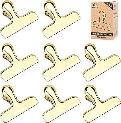 Pack of 8 Shiny Gold Bag Clips, Stainless Steel and Heavy Duty Metal Bag Clip,Tightly Seals Chip,... | Amazon (US)