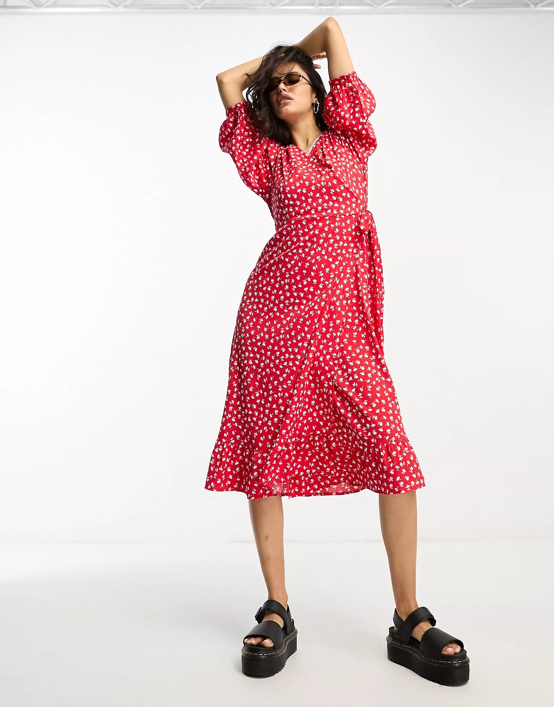 Only puff sleeve wrap midi dress in red spot | ASOS (Global)