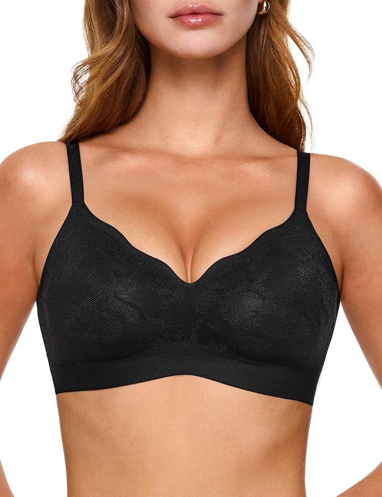 Women's Wireless No Show Lace Bras, Sexy Seamless Comfortable Bralettes No Underwire Scalloped Ts... | Amazon (US)