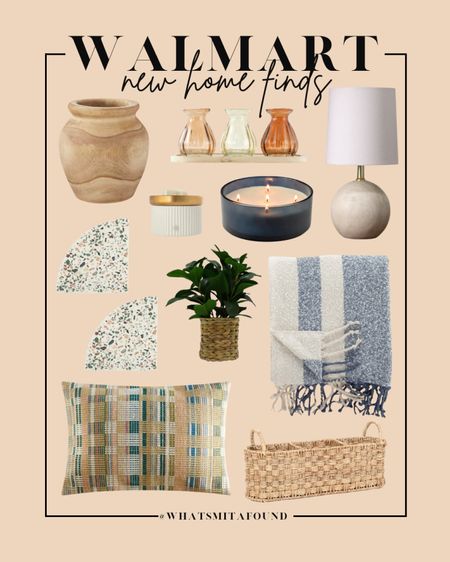 New Walmart home finds under $20! Walmart home decor, affordable home decor, summer home decor, boho home decor, throw pillow, boho throw pillow, striped throw blanket, boucle throw blanket, round table lamp, terrazzo bookends, wooden vase, glass vase set, faux plant, woven storage container, candle, three wick candle, wax warmer 

#LTKhome #LTKfindsunder50 #LTKstyletip