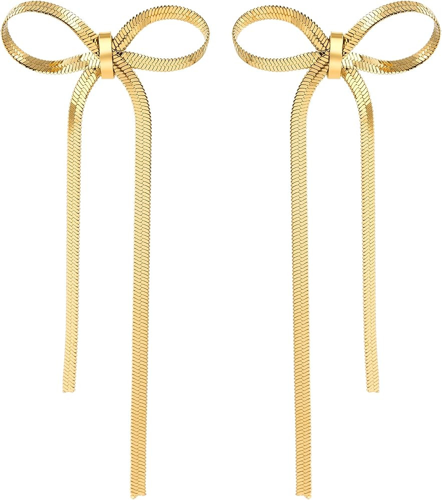 14K Gold Bow Earrings for Women - Herringbone Bow Earrings - Big Tie Earings 14K Gold Plated Earr... | Amazon (US)