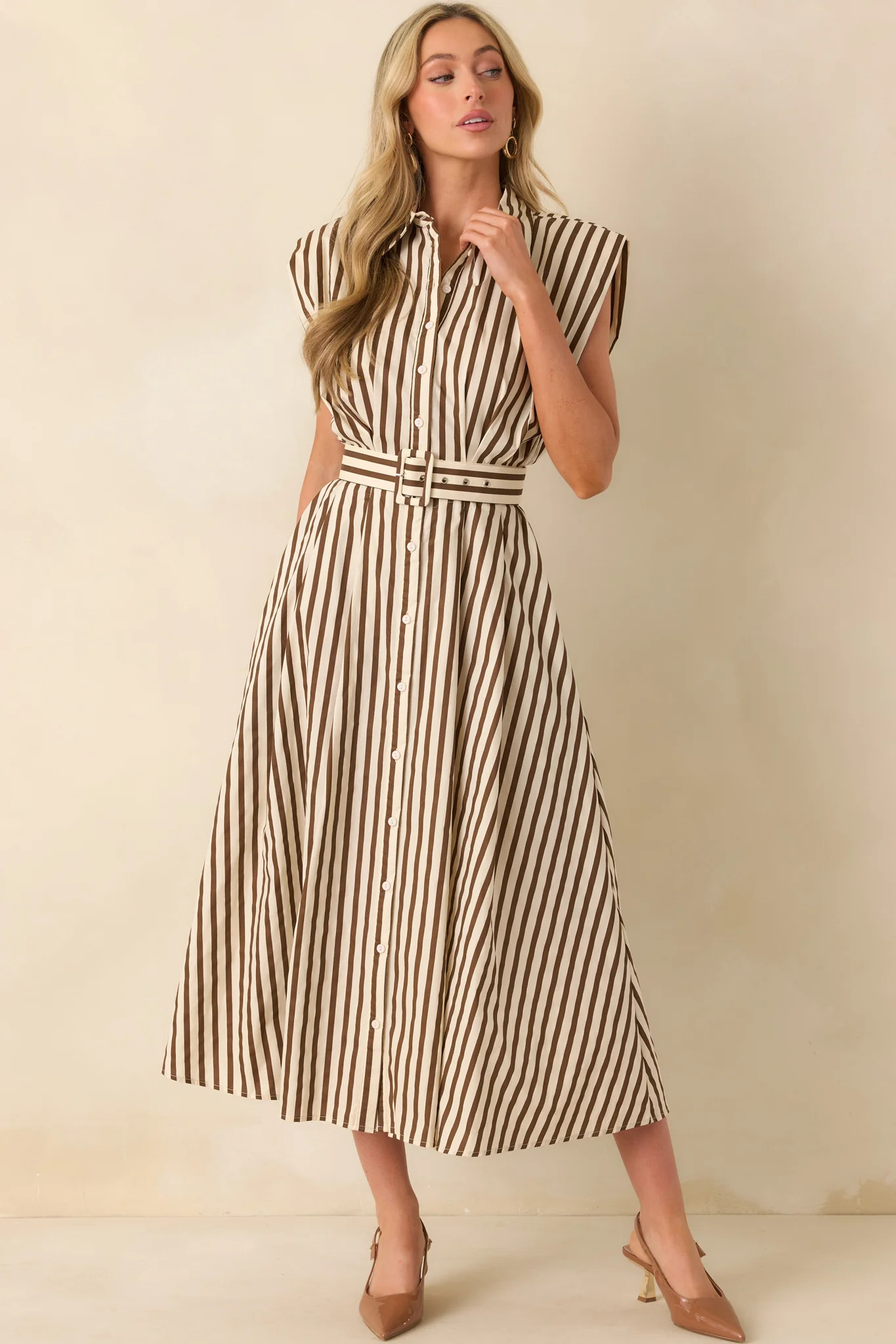 Over The Moon Mocha Stripe Cotton Button Front Maxi Dress | Red Dress
