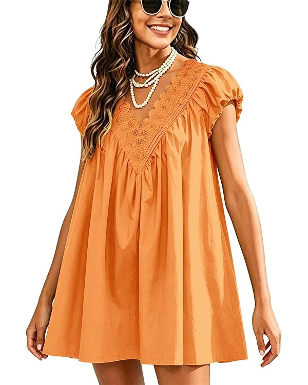 EXLBES Womens Babydoll Mini Dress V Neck Puff Sleeve A Line Boho Scalloped Casual Summer Beach Su... | Amazon (US)