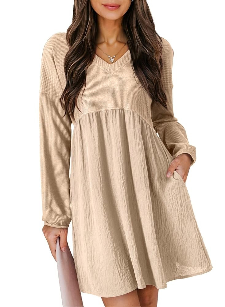 Dokotoo Womens Fall Dresses 2025 Casual V-Neck Long Sleeve Empire Waist Waffle Knit Mini Dress wi... | Amazon (US)