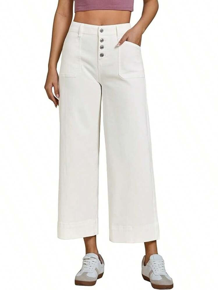 Luvamia Wide Leg Jeans For Women Cropped High Waisted Button Fly Patch Pocket Stretchy Denim Pants Trousers Jeans Halloween Christmas New Year | SHEIN