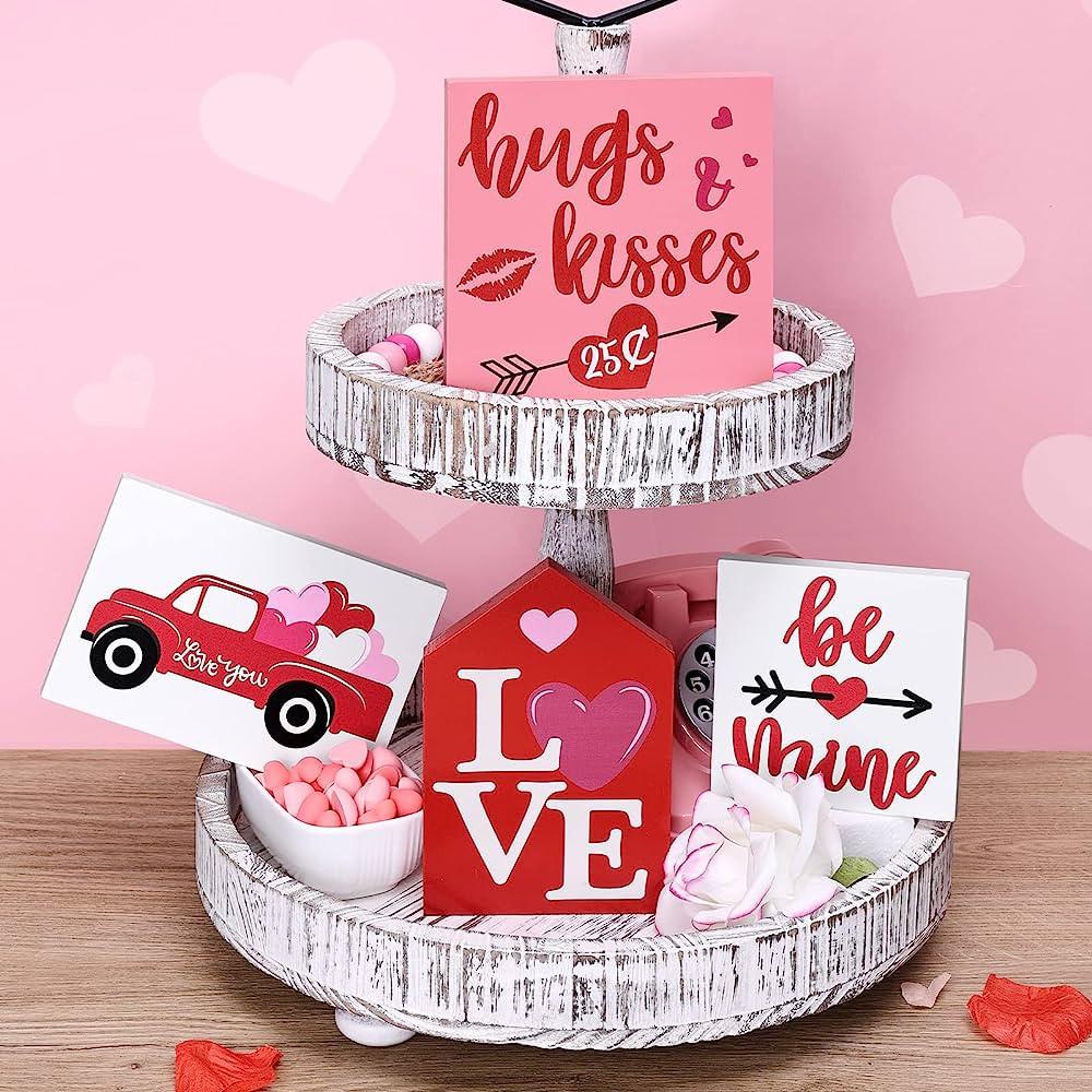 Huray Rayho Valentine's Day Tiered Tray Decor Valentine's Day Rustic Wooden Decorations Wooden Lo... | Amazon (US)