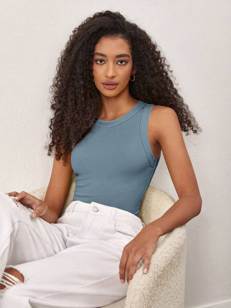SHEIN BASICS Solid Ribbed Knit Tank Top | SHEIN
