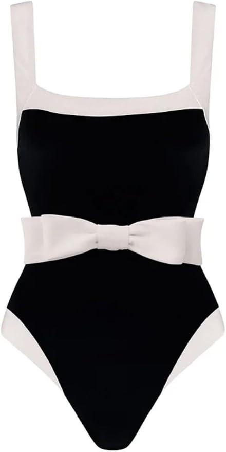 FLAXMAKER Bow Belted Black and White One Piece Swimsuit and Tassel Skirt | Amazon (US)