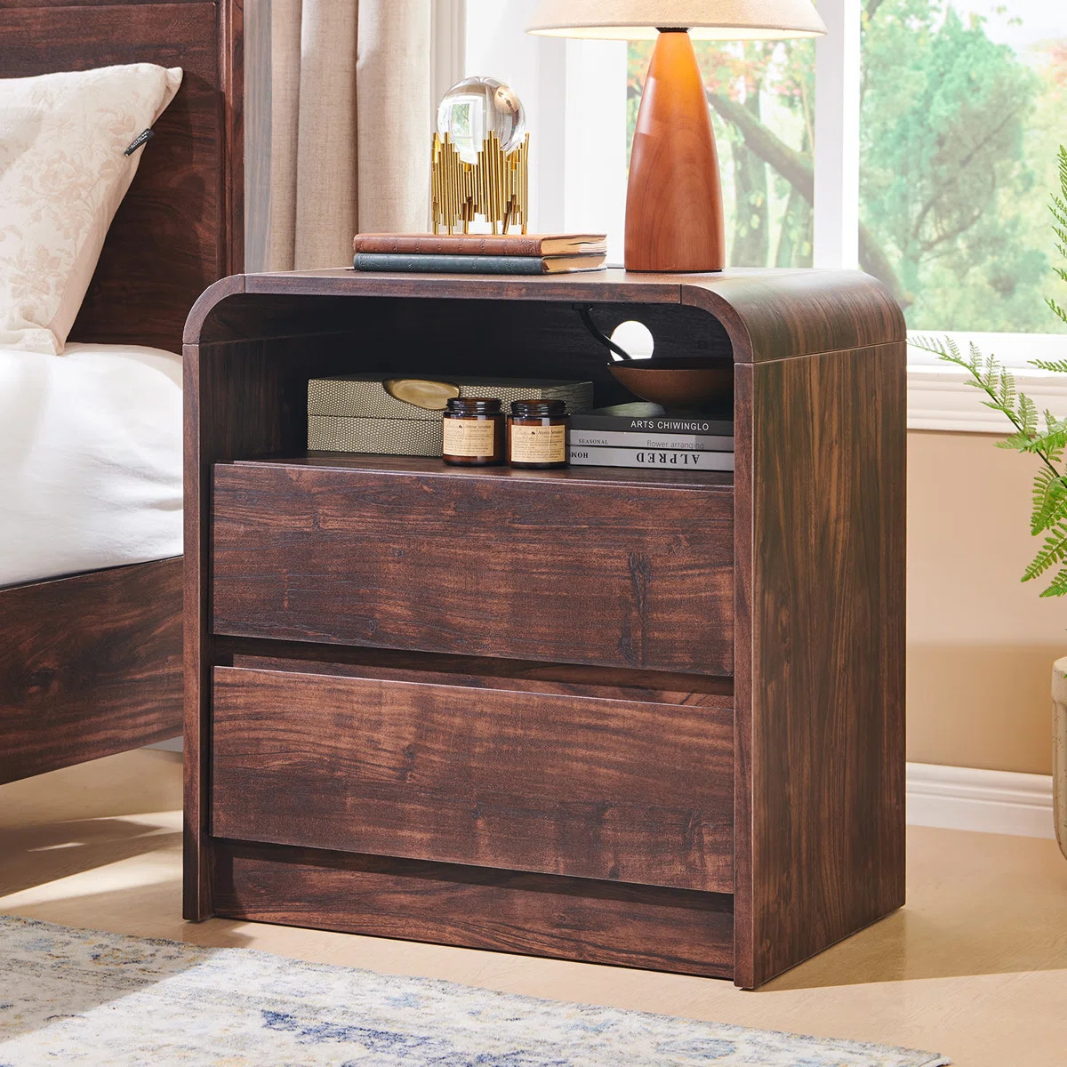 Maud 25" Tall Modern Nightstand with Charging Station, 23.6'' Wide Wood Bedside Table w/2 Storage... | Wayfair North America