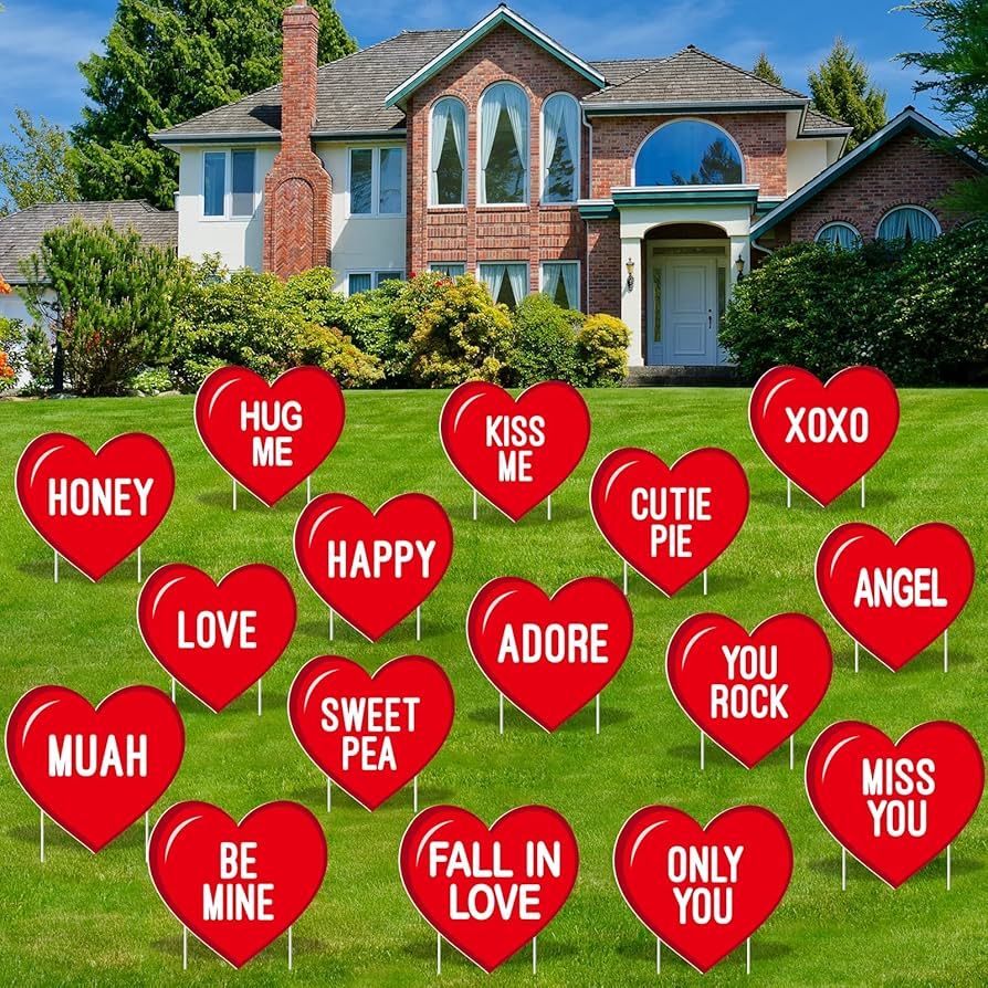 ADXCO 16 Piece Valentine Day Decorations Yard Signs Red Heart Outdoor Yard Signs with Stakes 13 x 12 | Amazon (US)