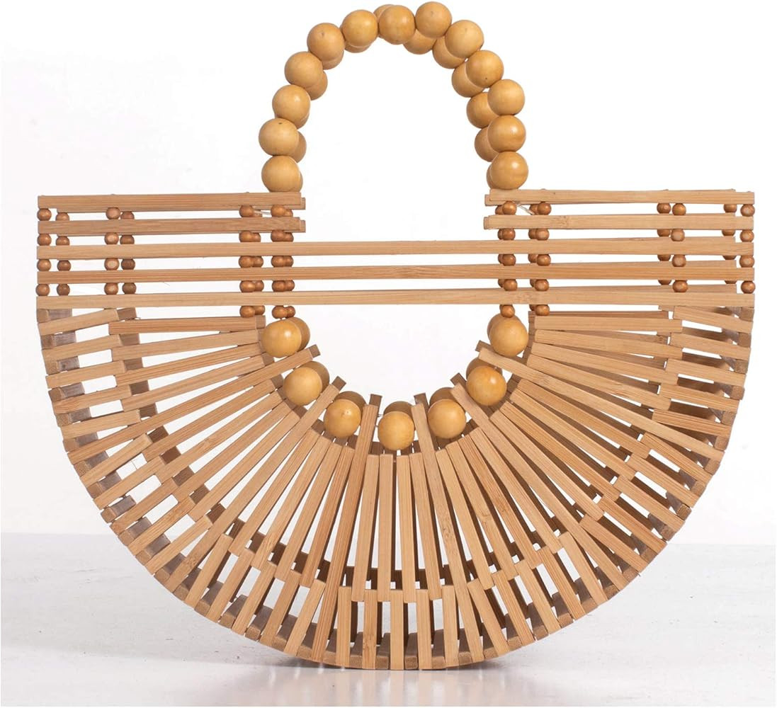 Womens Bamboo Handbags with Wooden Beads Tote Bag, Handmade Straw Bag for Summer Beach | Amazon (US)