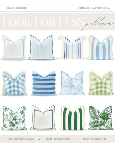 Loving these cute look for less outdoor throw pillow covers! They have coastal designer vibes but on a budget! So many cute striped pillows, palm pillows, embroidered pillows, gingham pillows, etc and they all come in a bunch of colors! See more look for less finds here: https://lifeonvirginiastreet.com/home-decor-looks-for-less-2/.
.
#ltkhome #ltkfindsunder50 #ltkfindsunder100 #ltkstyletip #ltkseasonal #ltksalealert patio decor, bedroom pillows, Serena and Lily vines, colorful throw pillows, Amazon home budget pillows

#LTKhome #LTKfindsunder50 #LTKSeasonal
