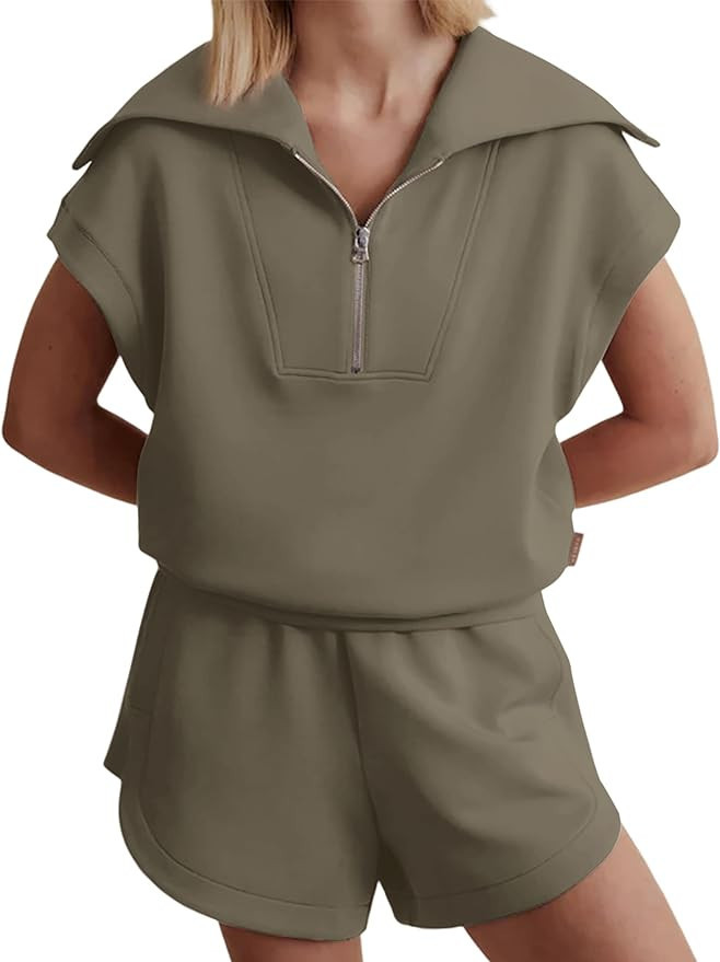 Meladyan Women Two Piece Outfits Tracksuit Half Zip Lapel Cap Sleeve Sweatshirt High Waist Drawst... | Amazon (US)