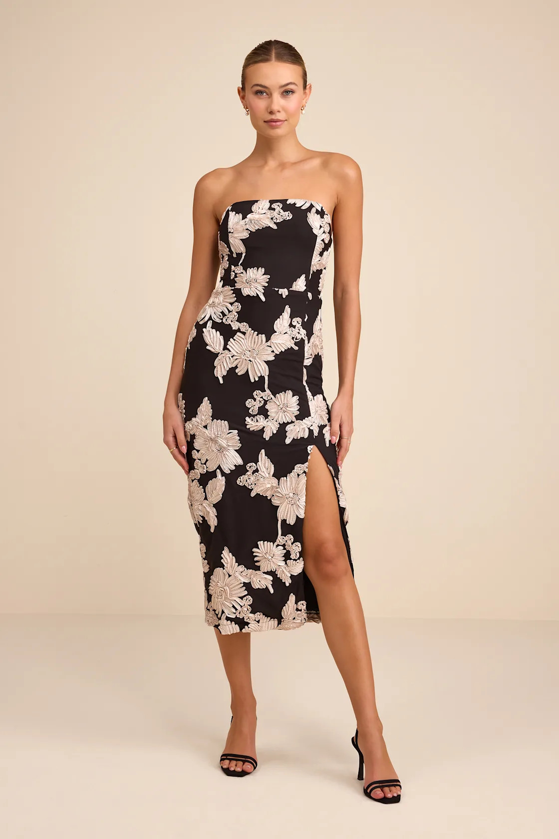 Kattalin Black Floral Applique Strapless Midi Dress | Lulus