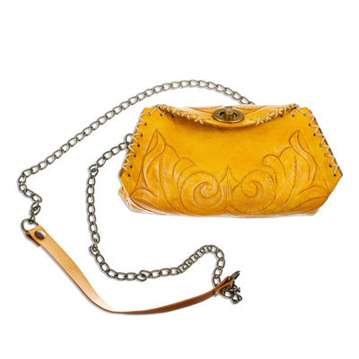 Golden Tooled Leather Shoulder Bag or Clutch | NOVICA
