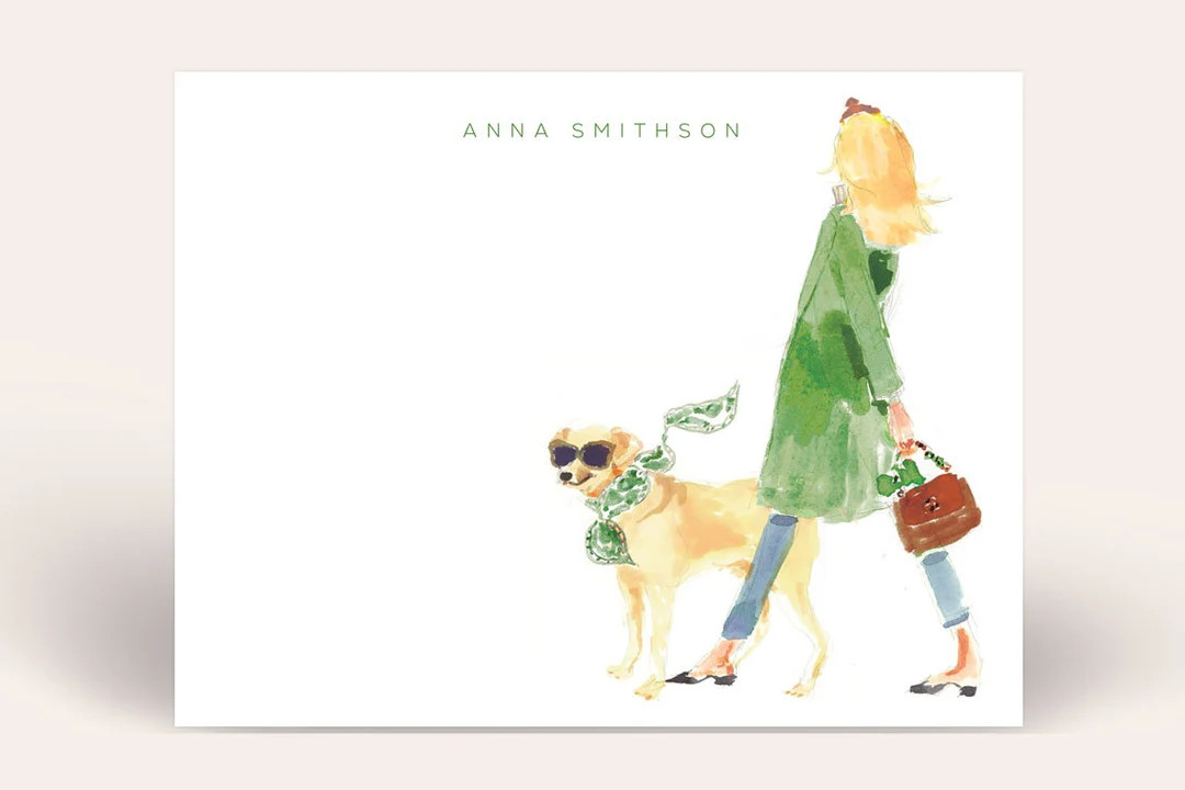 Personalized Stationery Set: Green Coat Headband Girl With Golden Retriever {stationary Notecards... | Etsy (US)